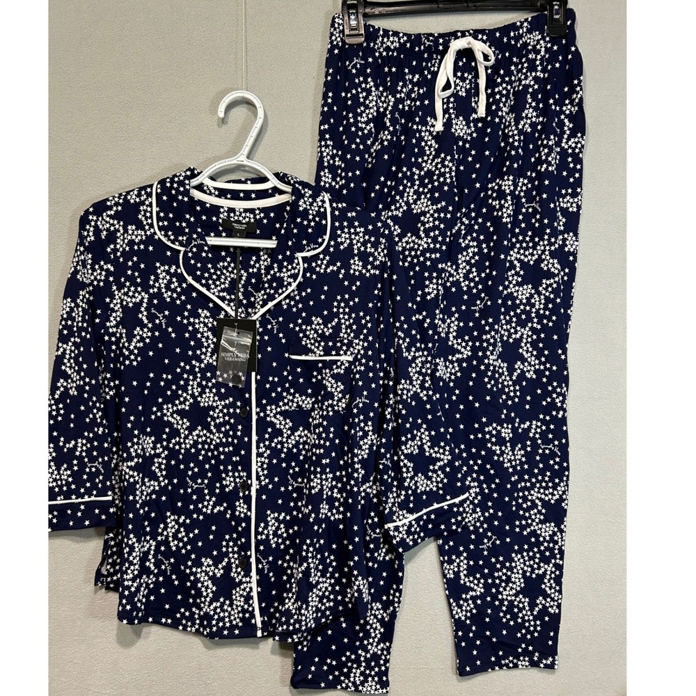 Simply Vera Wang Pajama Set Womens Small Navy White Star Print 2pc Soft Lounge